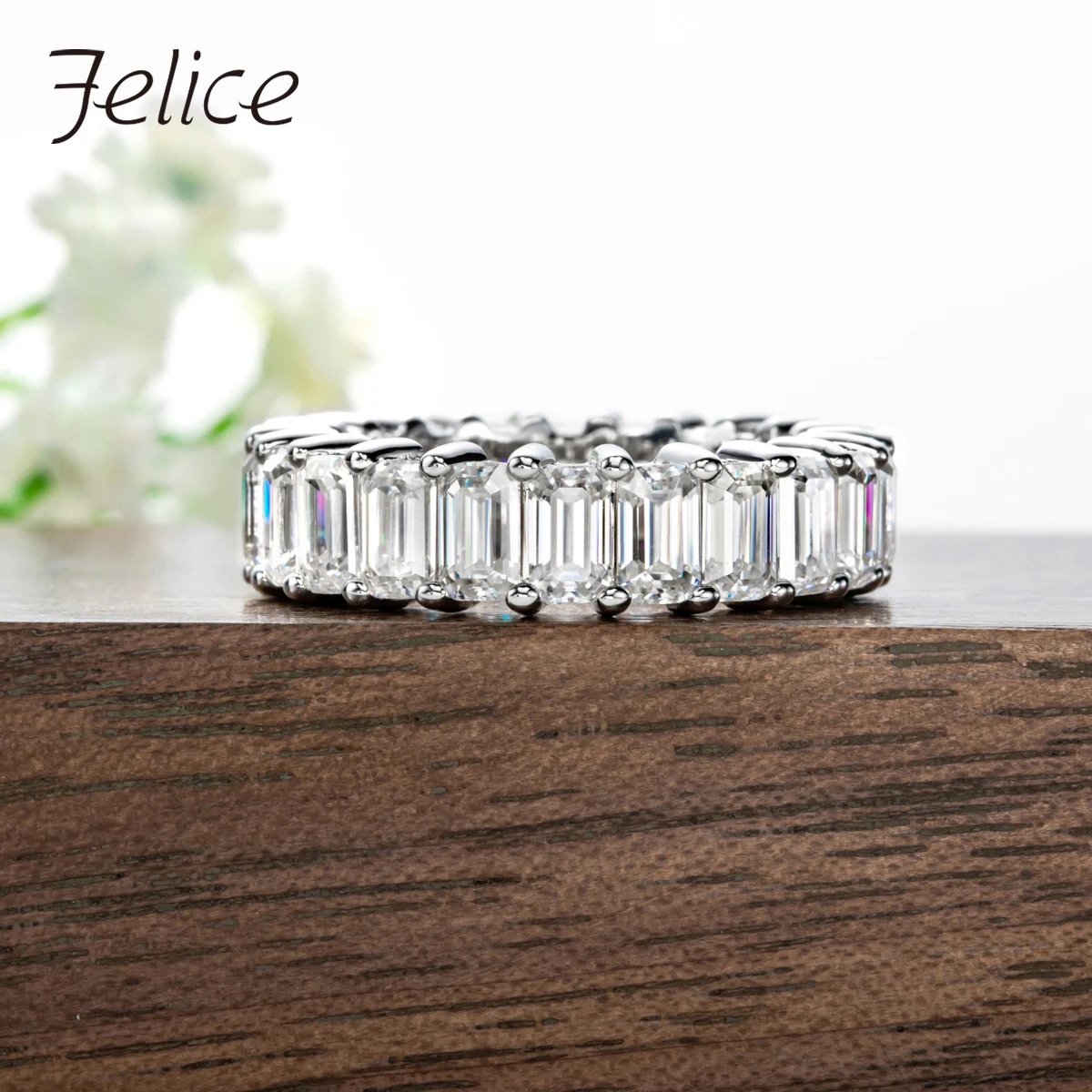 

Felice 3*5mm Emerald Cut Moissanite Eternity Wedding Band Ring Gold Plated Silver D Color Lab Diamond Ring for Women With Cer