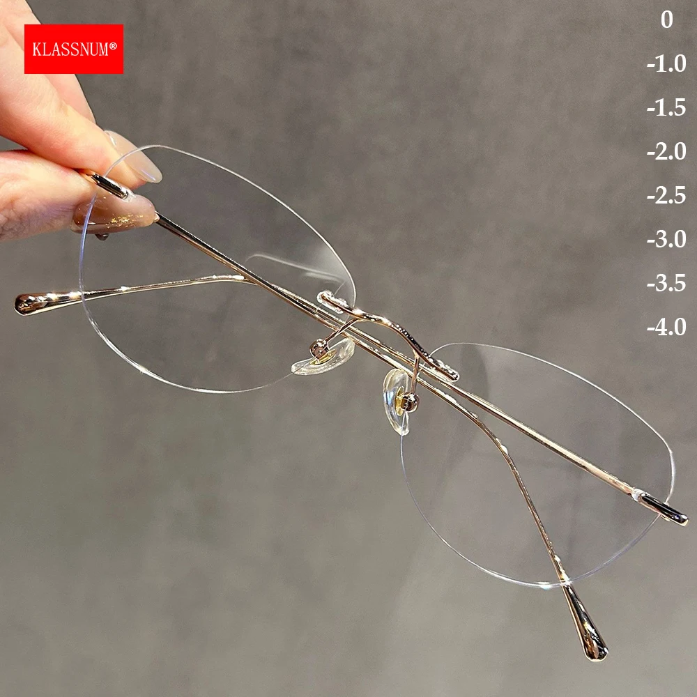 KLASSNUM Women Rimless Transparent Lens Myopia Glasses Butterfly Shaped Metal Frame Spectacles Diopter Minus 0-1.0-1.5-2.0-2.5-3