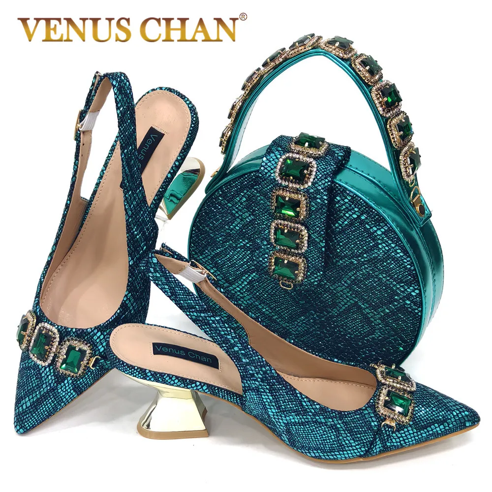 Venus Chan Green Color Pointed-Toe High Heels Shoes and Bags Set for Women Rhinestone Evening Party Elegant Luxury Handbag Set