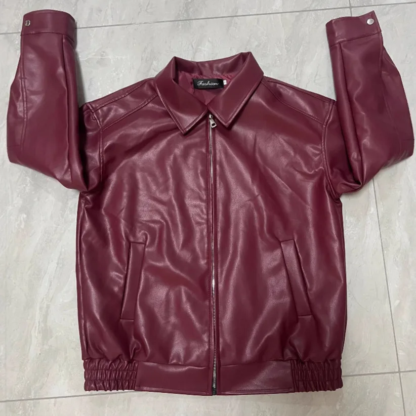 Leather jacket motorcycle-style windbreaker with rounded collar and elasticated lower hem, zipped PU leather coat US size