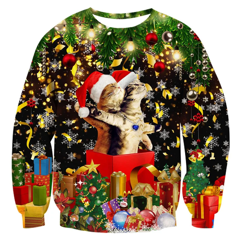 3D Printed Christmas Gift Cat Sweatshirt For Men Beer Pizza Pattern Pullovers Casual Loose O-Neck Long Sleeve Unisex Hoodies