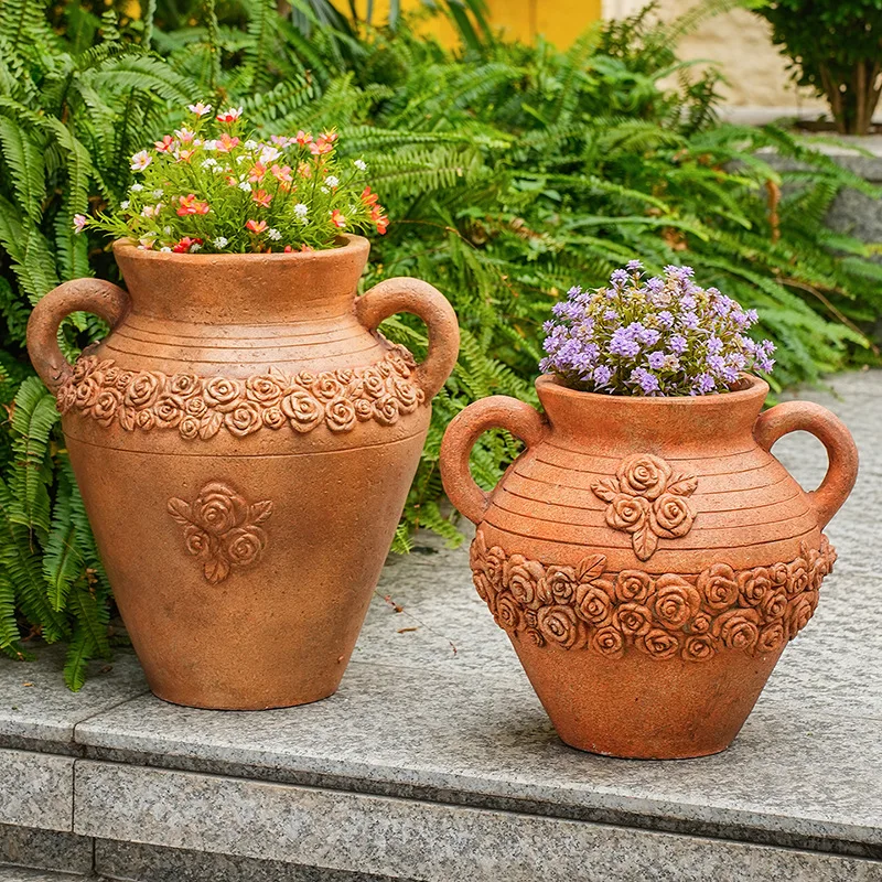 DSA retro pattern binaural ceramic flower pot hand-carved orange-red gardening pot container