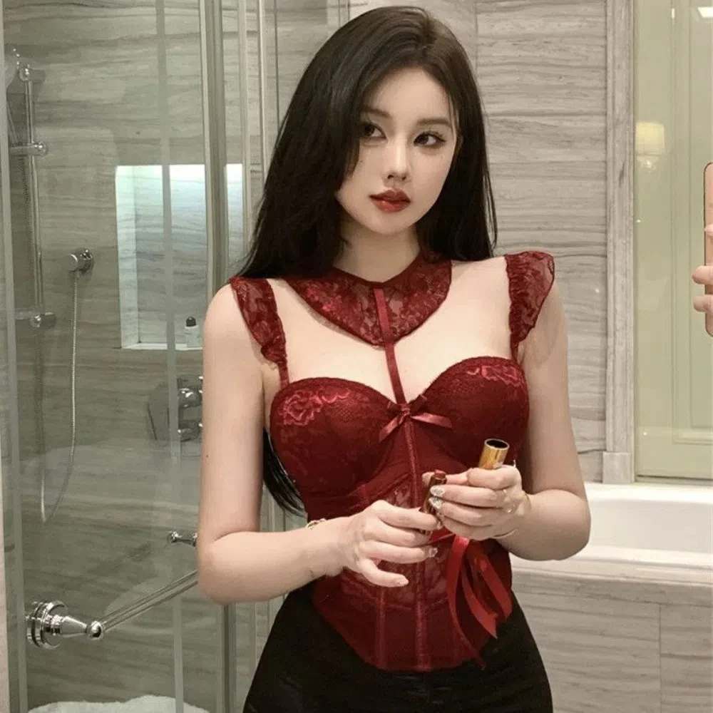 

Passionate Set Lace Camisole Briefs Set Slim Fit Hollow Mesh Bow Lace Corset Sleeveless Nightgown Women Lingerie Cosplay Party