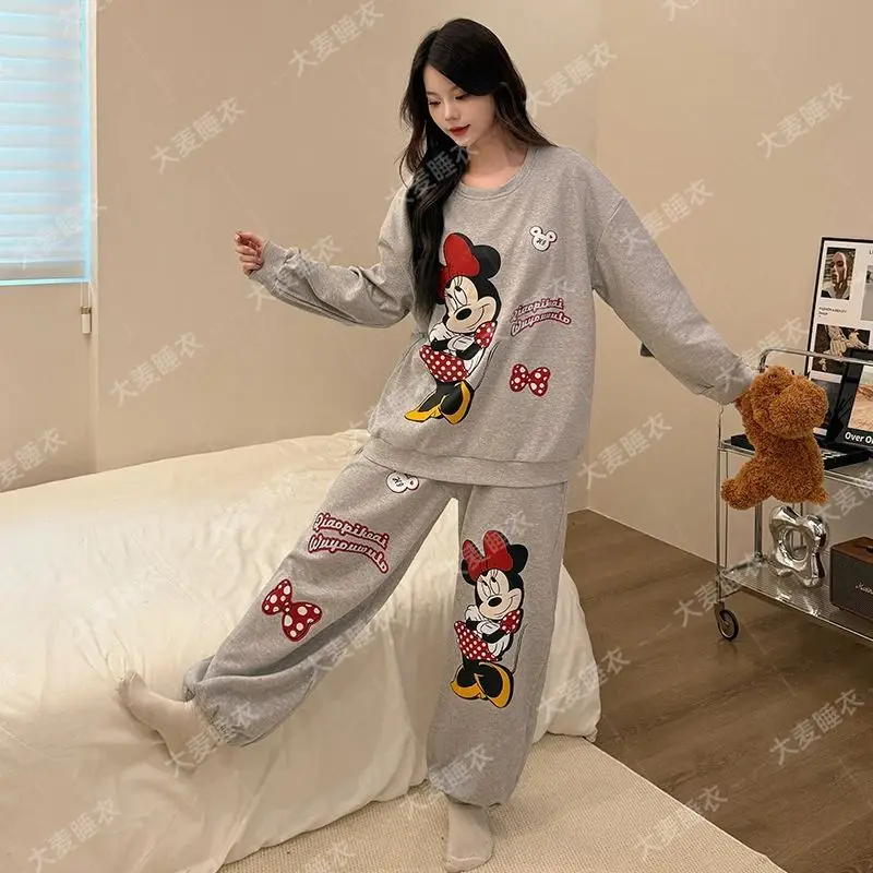 Pure cotton padded pajamas for women spring and autumn Mickey cartoon printed long-sleeved trousers two-piece home wear set