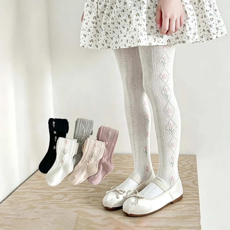 Spring Autumn Footed Tights For Sweet Kids Featured Elegant Rhombus Grid And Tulip Jacquard Skin Friendly Soft Stretch Pantyhose