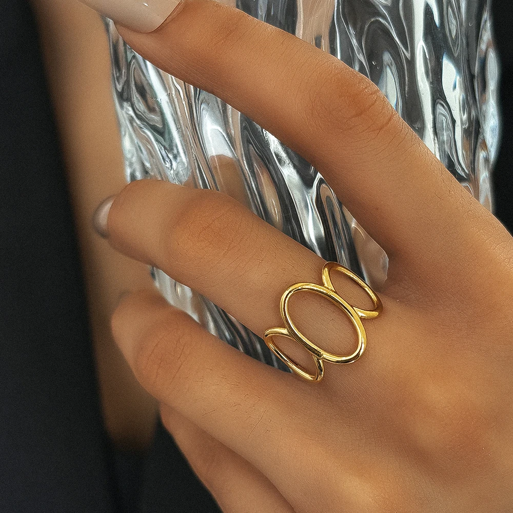 DGIDDK Anillo abierto de acero inoxidable con diseño calado geométrico, joyería ajustable para dedo Simple y a la moda, regalos de fiesta