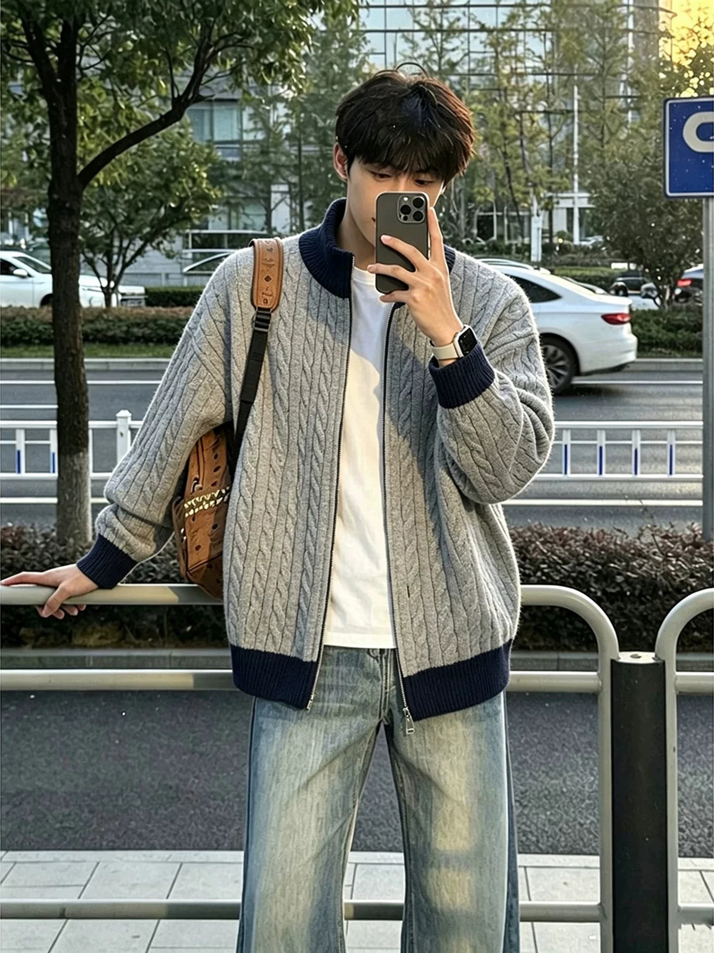 Zippered Open Cardigan High Neck Men's Loose Knitted Sweater Autumn Winter Warm Vintage American Lazy Style Twist Pattern