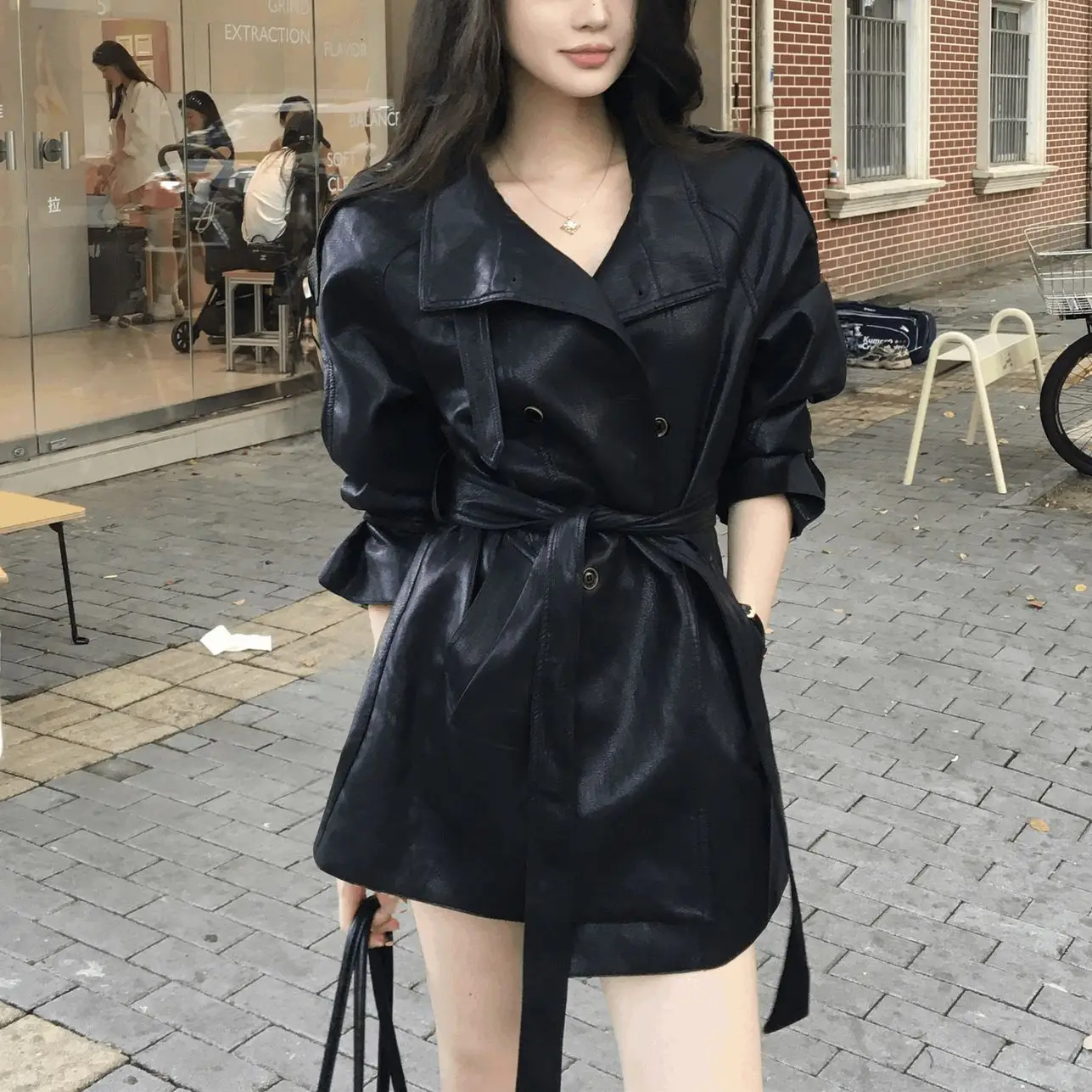 Stand Collar Belted Jacket Ladies Faux Leather Zip Up Long Sleeve Pocket Black Mid Length Slim Fit Elegant Vintage Casual Jacket
