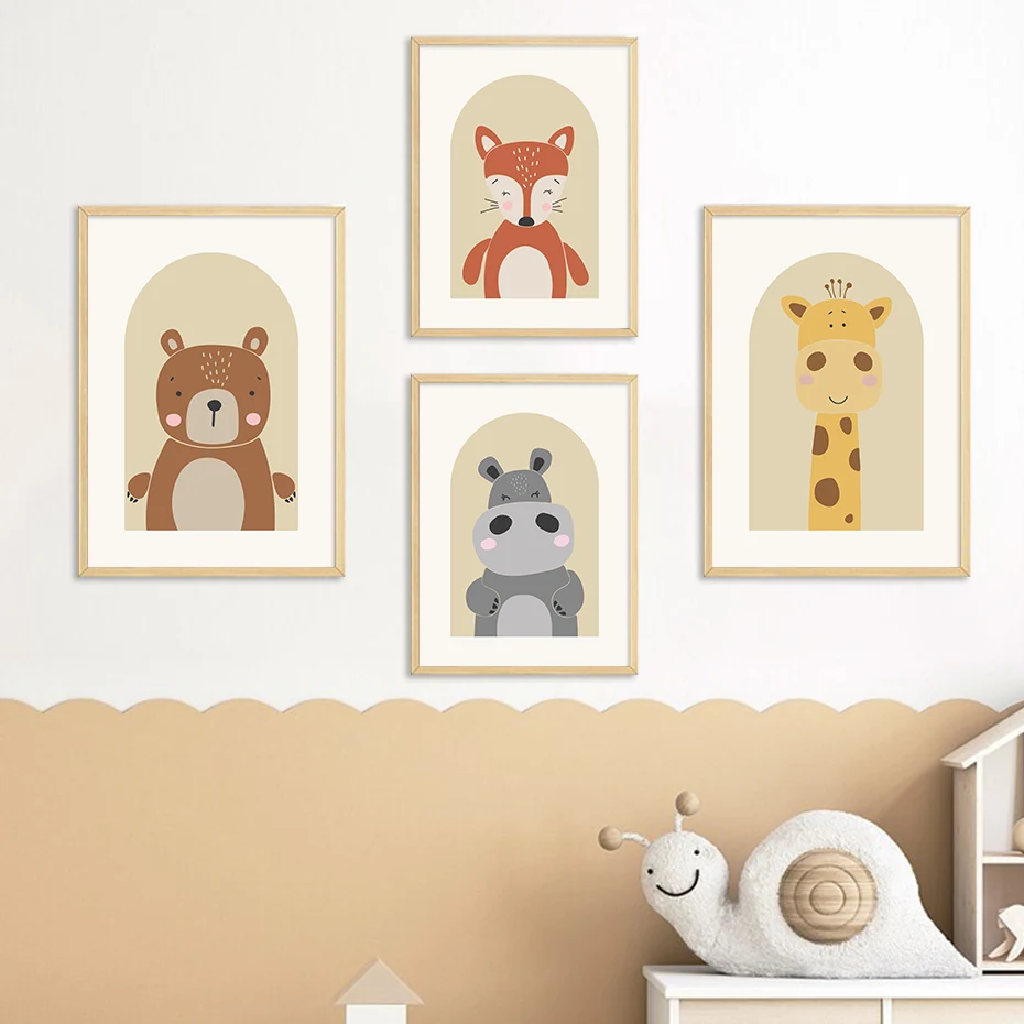 

Cartoon Cute Lion Hippo Bear Giraffe Animals Nursery Poster Print Canvas Painting Beige Wall Art Picture Baby Bedroom Home Decor