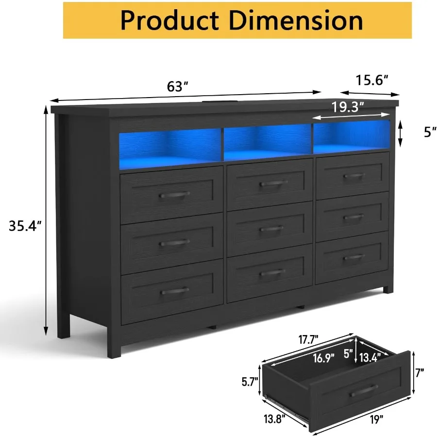 خزانة مزرعة حديثة ذات 9 أدراج مع أضواء LED مدمجة 63 خزانة تخزين كبيرة واسعة لغرفة النوم وغرفة المعيشة والممر المثالي #2