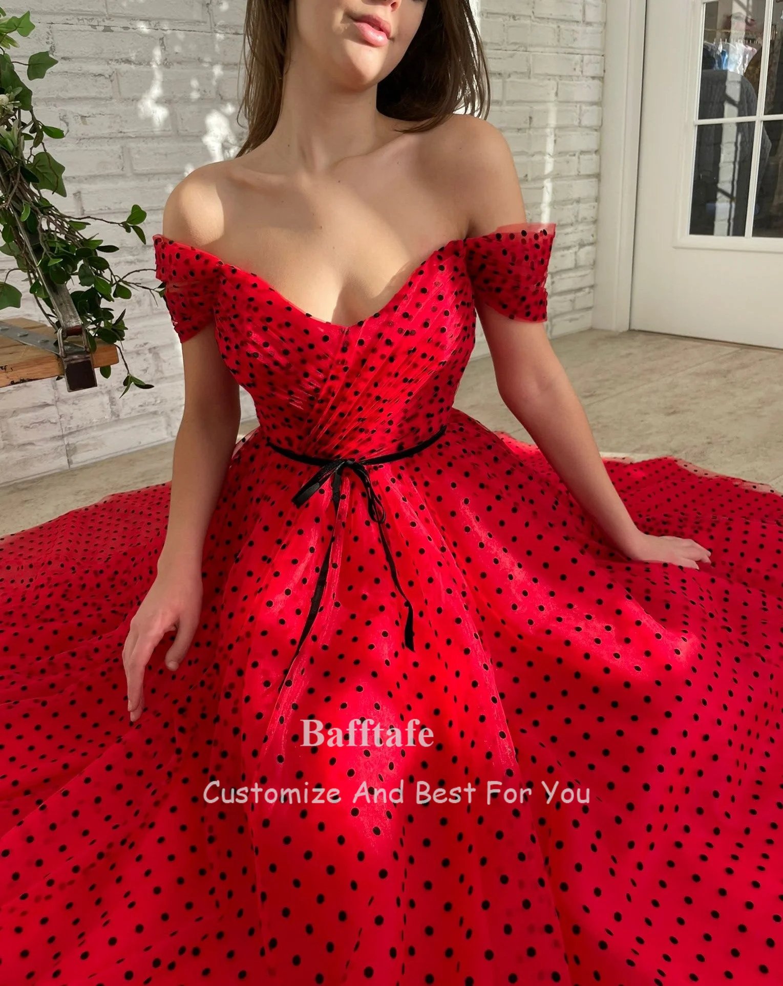 Red Tulle Black Polka Dots Prom Party Dresses Ankle Length Midi Formal Homecoming Gowns Pleated Women Evening Dress Customized