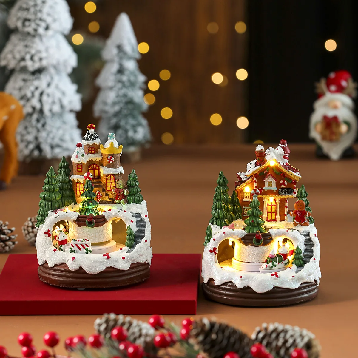 Resin Cookie Man Rotating Train Music Ornament Christmas Gift Decoration