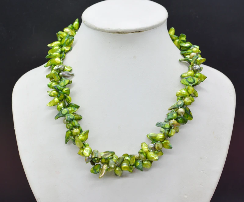 

The last classic necklace. 3-strand natural baroque green pearl necklace. Pretty girl with pearl jewelry 20"