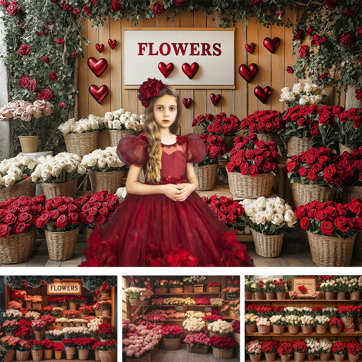 Valentines' Day Flower Market Backdrops Kids Baby Photography Child Lover Photocall Flower Stores Romantic Rose Backgrounds