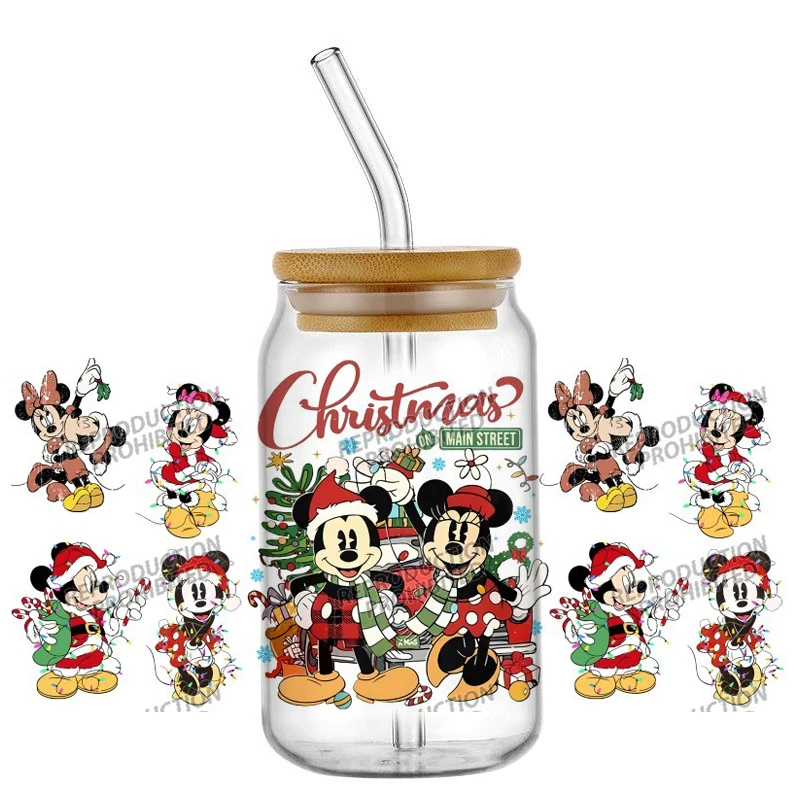 Miniso UV DTF Transfer Aufkleber Mickey Family Weihnachtsmuster Wasserfeste Aufkleber für 16oz Glasbecher Wickelaufkleber