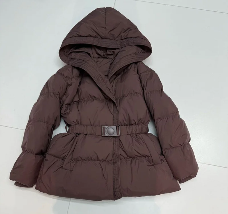 Schinteon Women White Down Jacket with Hood Solid Color Fashionable Autumn Winter Warm Outwear Parka Belt 2026 New Real Pictures