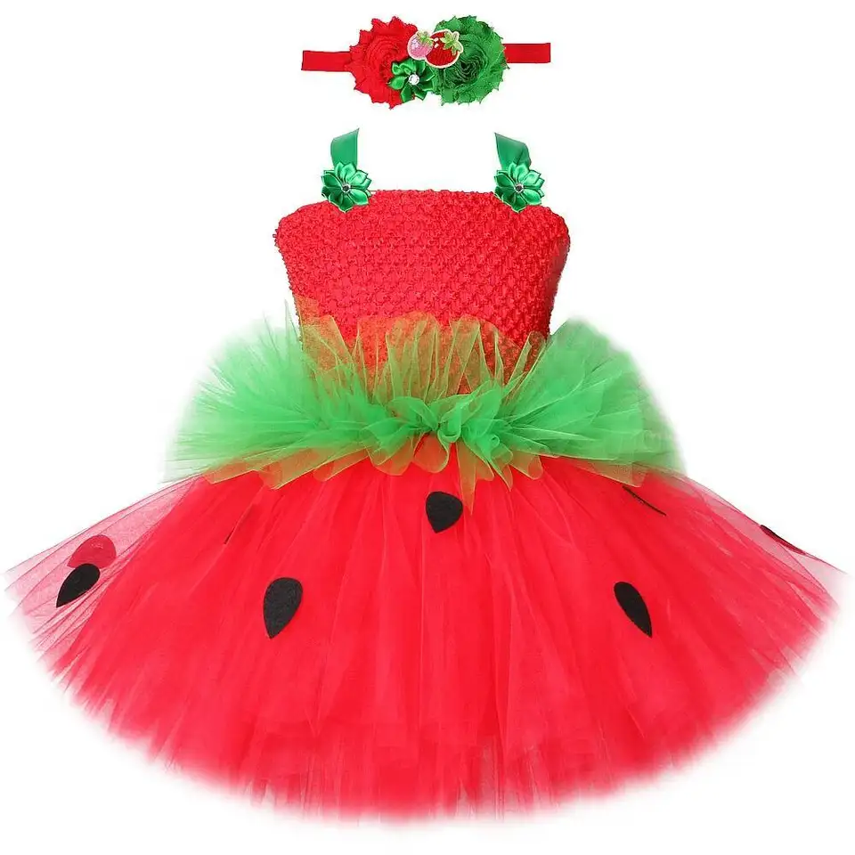 Red Green Strawberry Dresses for Girls Princess Tutu Dress with Flowers  Headband Toddler Kids Girl Costume for Birthday Party - AliExpress 1501