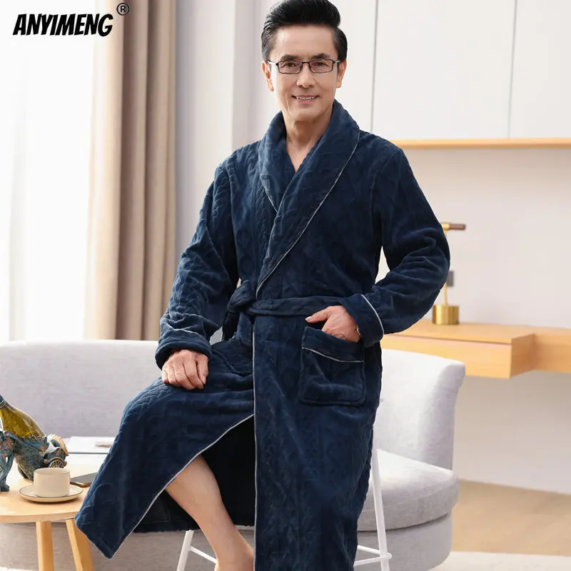 New Winter Fashion Luxury Shawl Collar Bathrobe for Men Flannel Warm Big Size 4XL Robe Deep Blue Robe Elegant Leisure Nightshirt