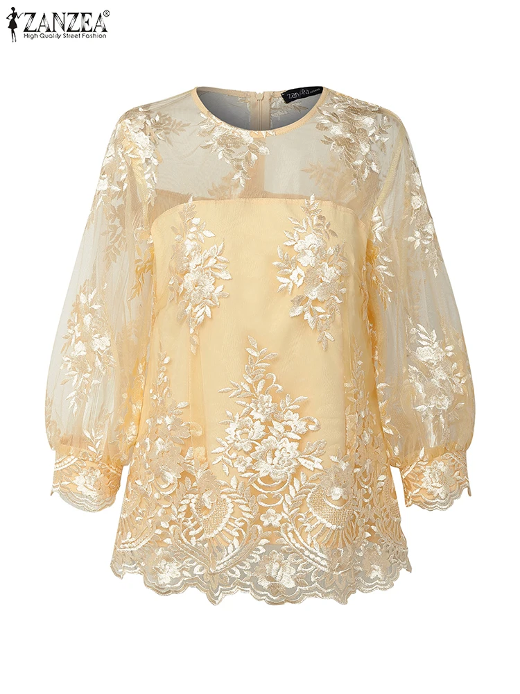

ZANZEA Elegant Women Blouse Fashion Shirts 2025 Autumn Puff Sleeve See-through Lace Tops O-Neck Loose Office OL Casual Blusas