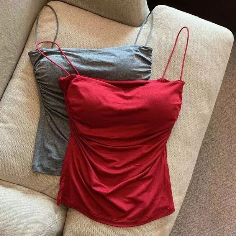 Tank Top Wanita dengan Bra bawaan Tank tali Spaghetti untuk wanita warna Solid kasual musim panas Camis wanita gaya Korea Dropship