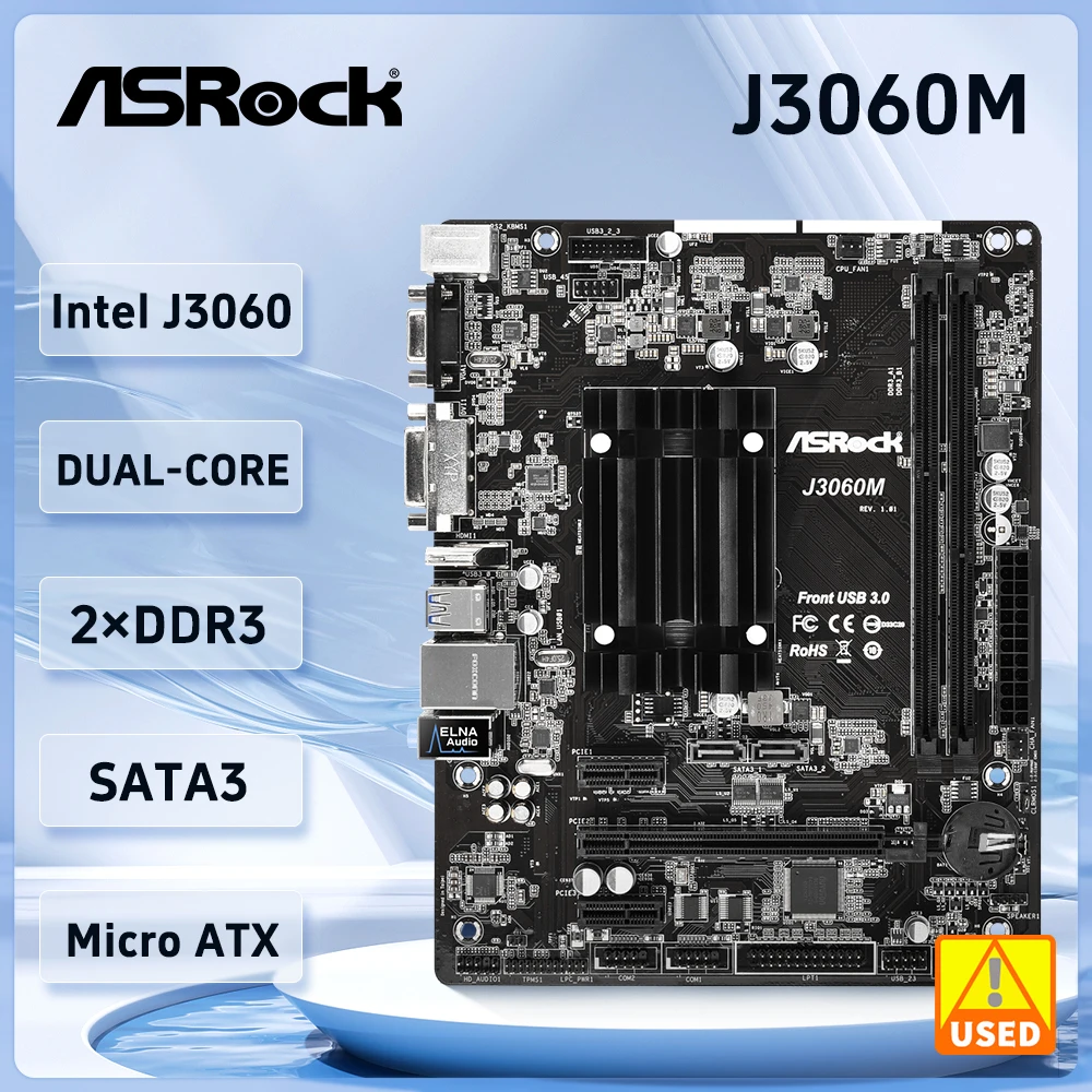 

ASRock J3060M Motherboard Intel Quad-Core Pentium Processor J3060 2xDDR3 16GB DVI-D, HDMI Integrated Intel HD Graphics 400