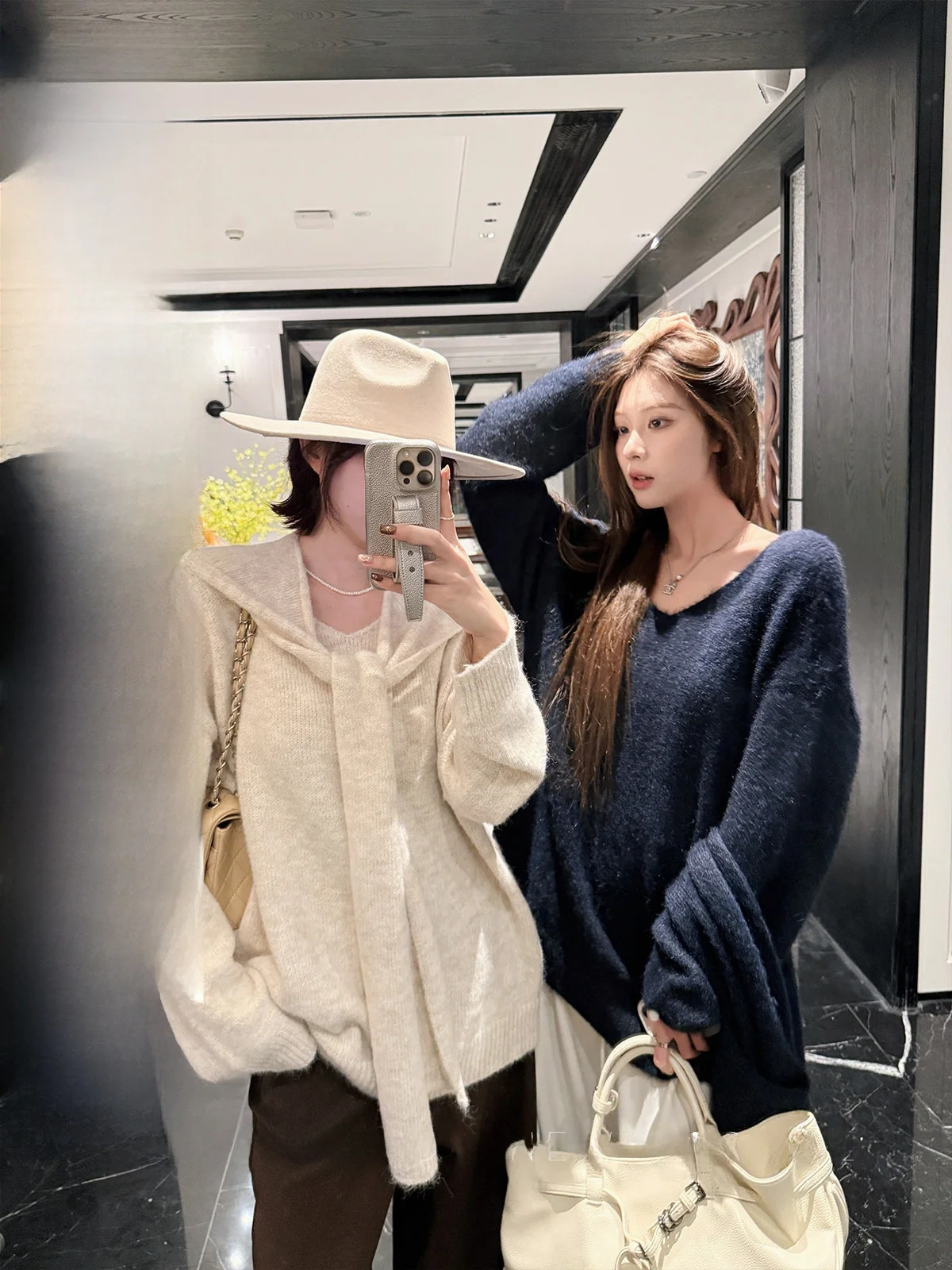 

Loose Women's Cardigan Sweater in Apricot White with Shoulder Drape Casual Style Thickened Long Sleeve round Neck Two-Piece Set