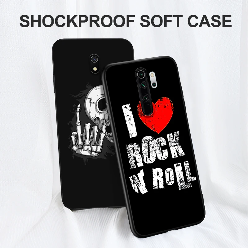 Black tpu Case For Xiaomi Redmi 5 5plus 6 6a 7 7a 8 8a back cover Rock Roll Skull