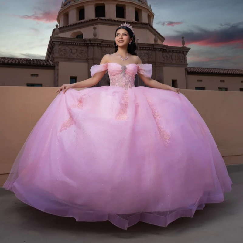 

Pink Ball Gown Quinceanera Dresses Applique Lace Beading Crystal Tiered Tull Corset Off The Shoulder Sweet 16 dress vestidos 15
