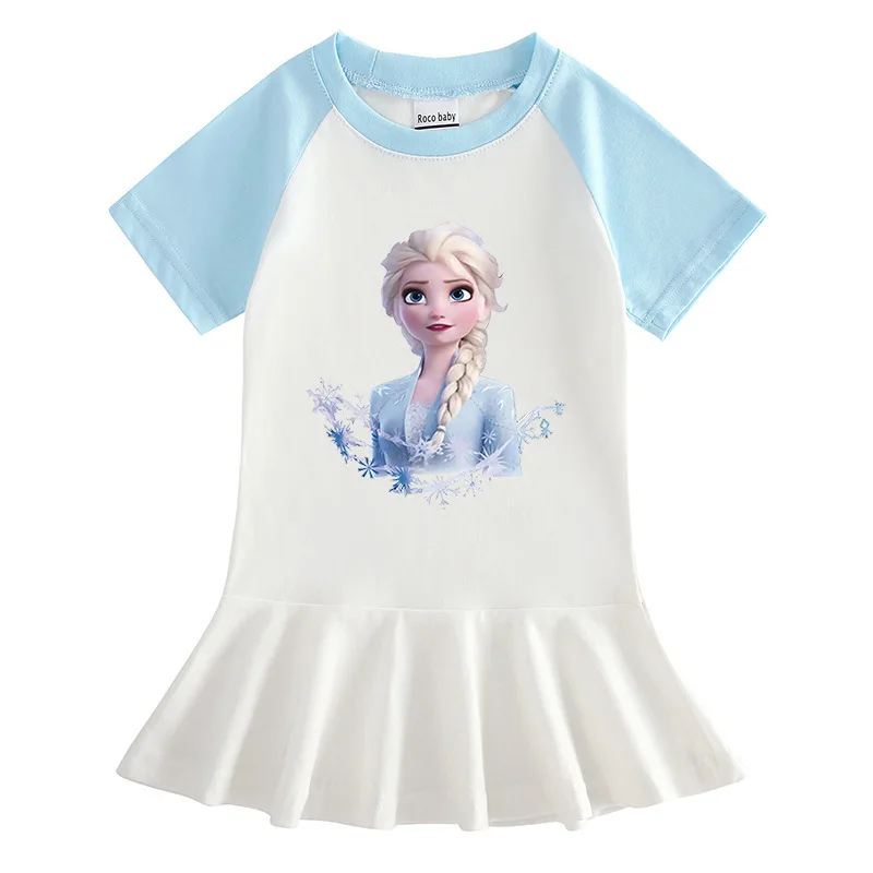 Vestido de verano de dibujos animados de Disney Frozen, ropa de media manga para niñas, vestido de dibujos animados elegante con falda de cien pliegues, regalo de cumpleaños