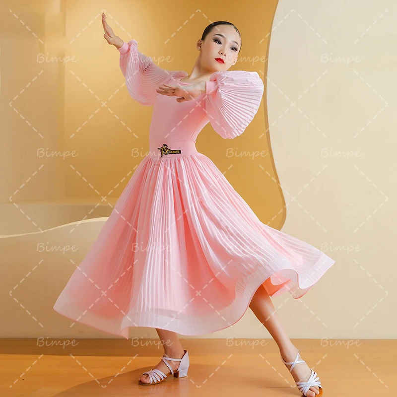 

Kids Pink Ballroom Dance Dress Long Sleeves Competition Clothes Girls Latin Dance Clothes Women Ballroom Dance Performance Wear