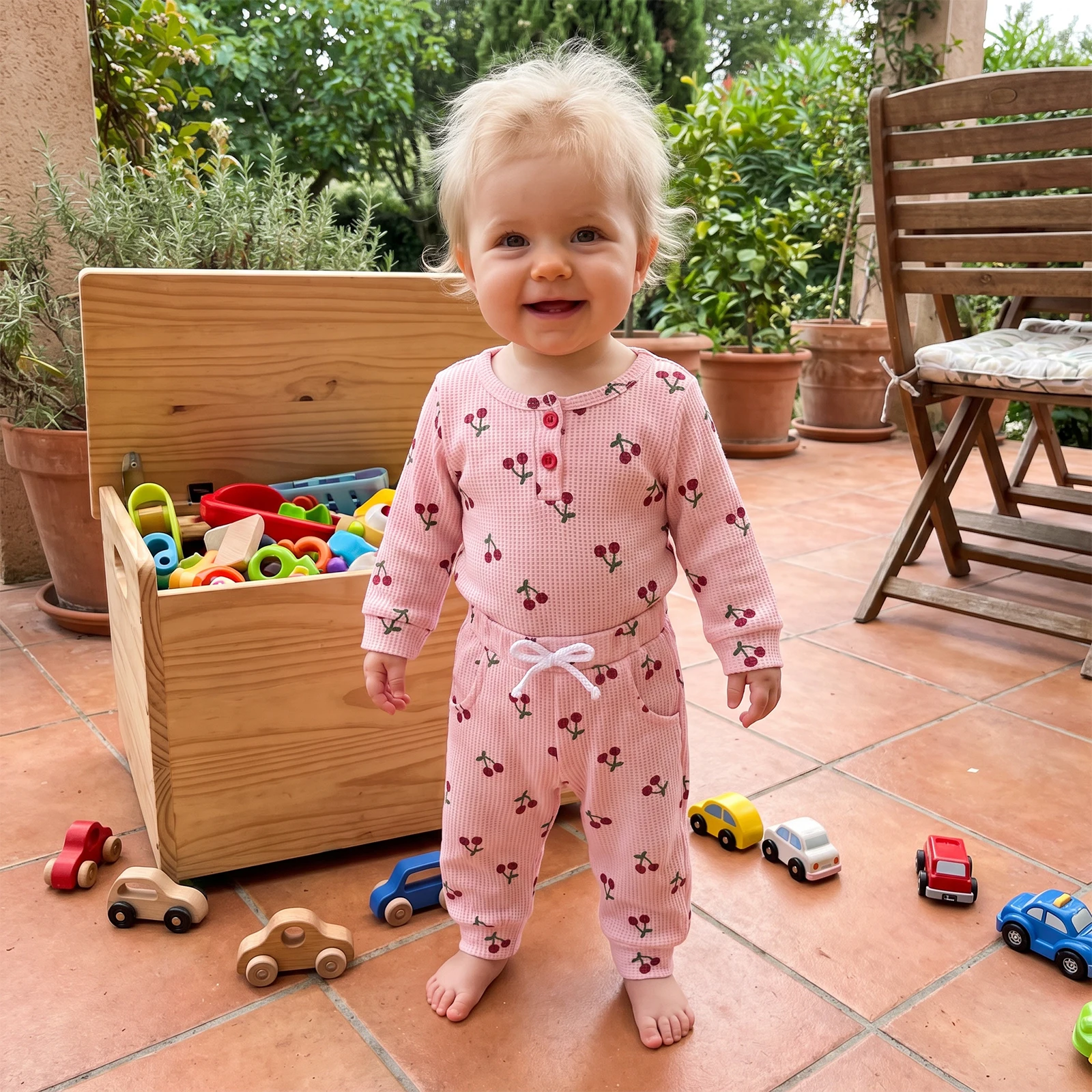 Baby Girls Fall Waffle Outfit Cherry Print Long Sleeves Romper and Pants