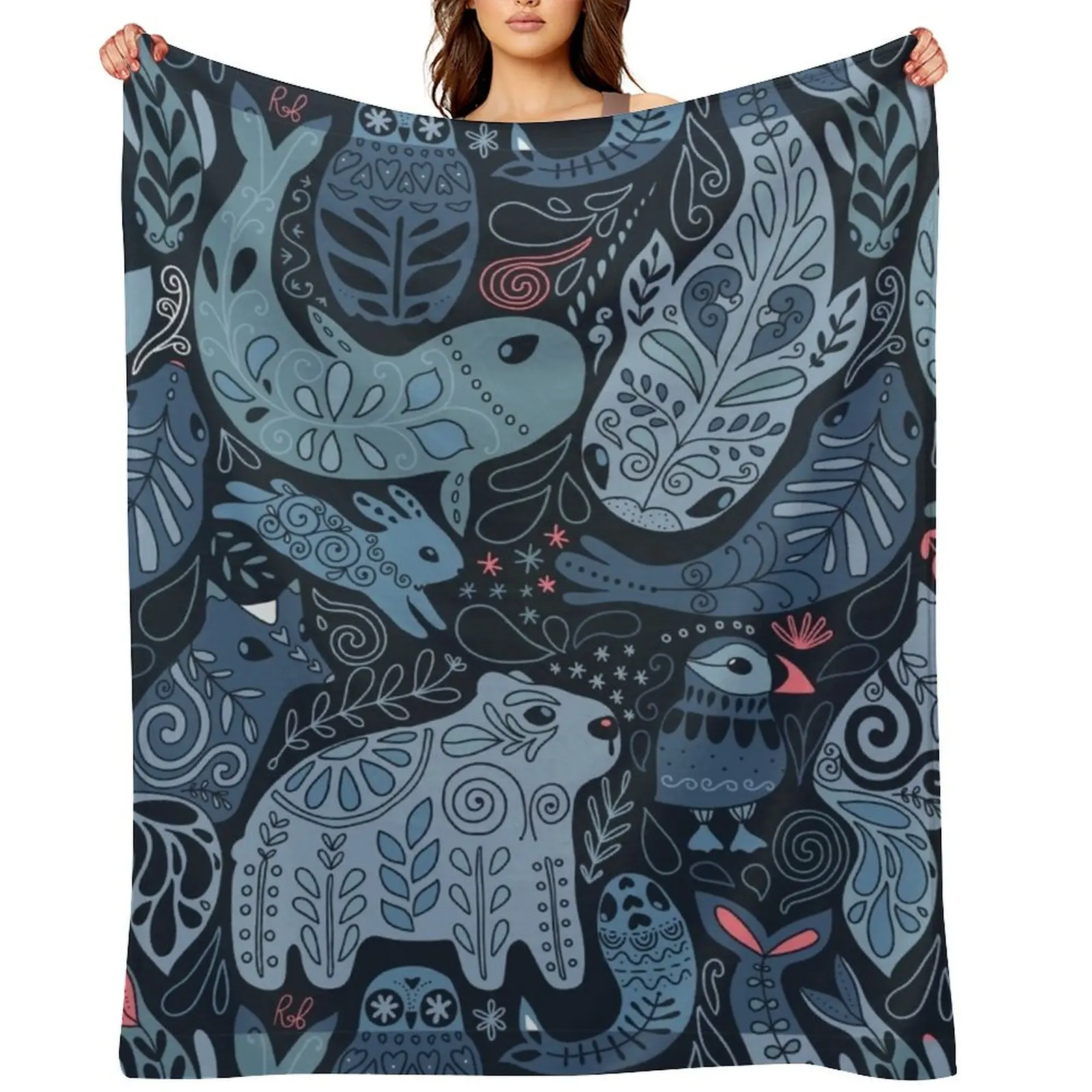 

Arctic animals. Narwhal, polar bear, whale, puffin, owl, fox, bunny, seal. Throw Blanket Bed covers Plaid Beach Blankets