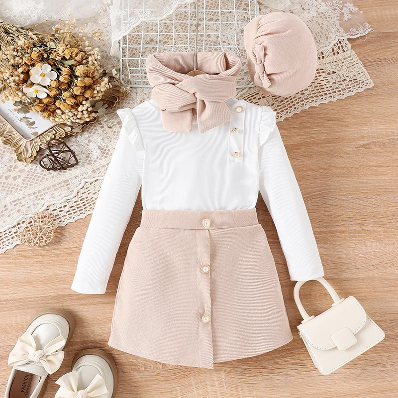 Autumn Kids Girls Outfits White Long Sleeve Ruffle Tops Button Skirt Beret Scarf Spring Clothes Set