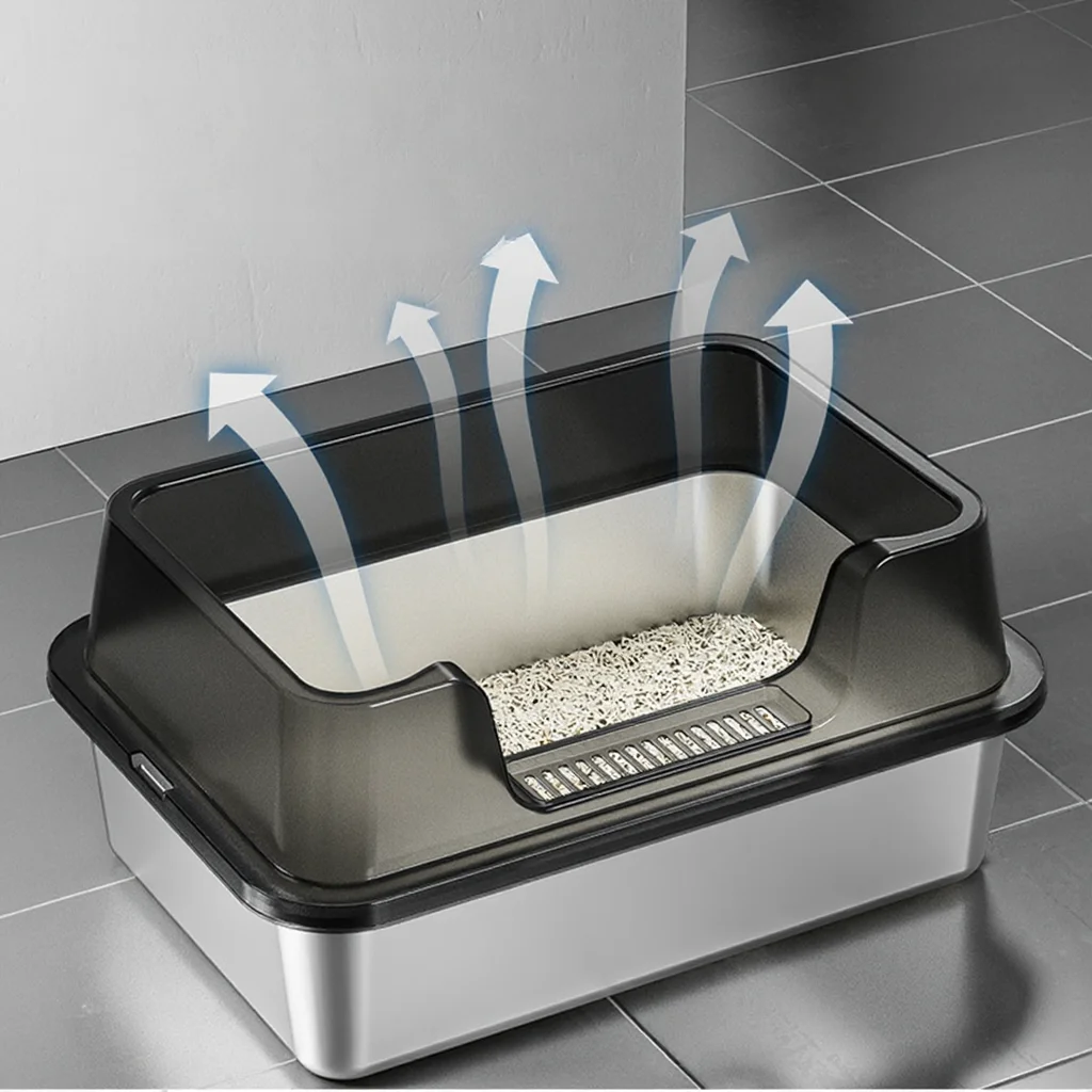 Katzentoilette aus Edelstahl, hochseitige Katzentoilette, extra große Katzentoilette, XL-Metallstreifentablett, mit Katzentoilette