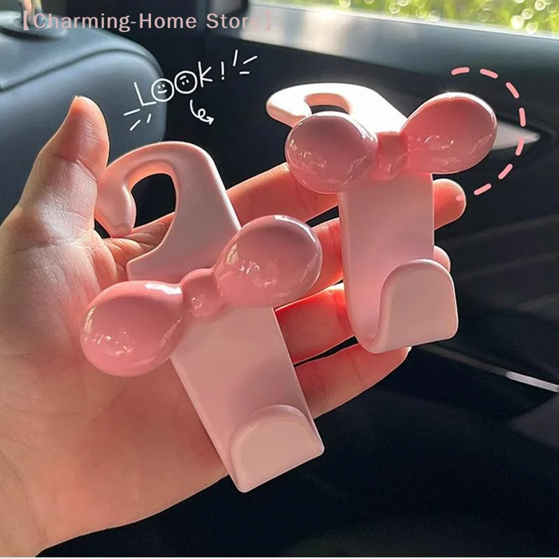 【M】2pcs/set Cute Bow Pink Car Seat Back Hook Non Marking Headrest Hanger For Purse Grocery Bag Car Organizer Accessory