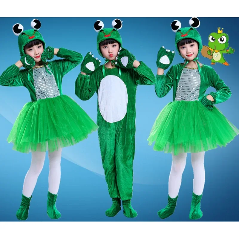 Ropa de escenario de baile para niños y niñas, conjunto de disfraz de rana verde, zapatos, guantes, ropa de actuación de animales para fiesta de Halloween