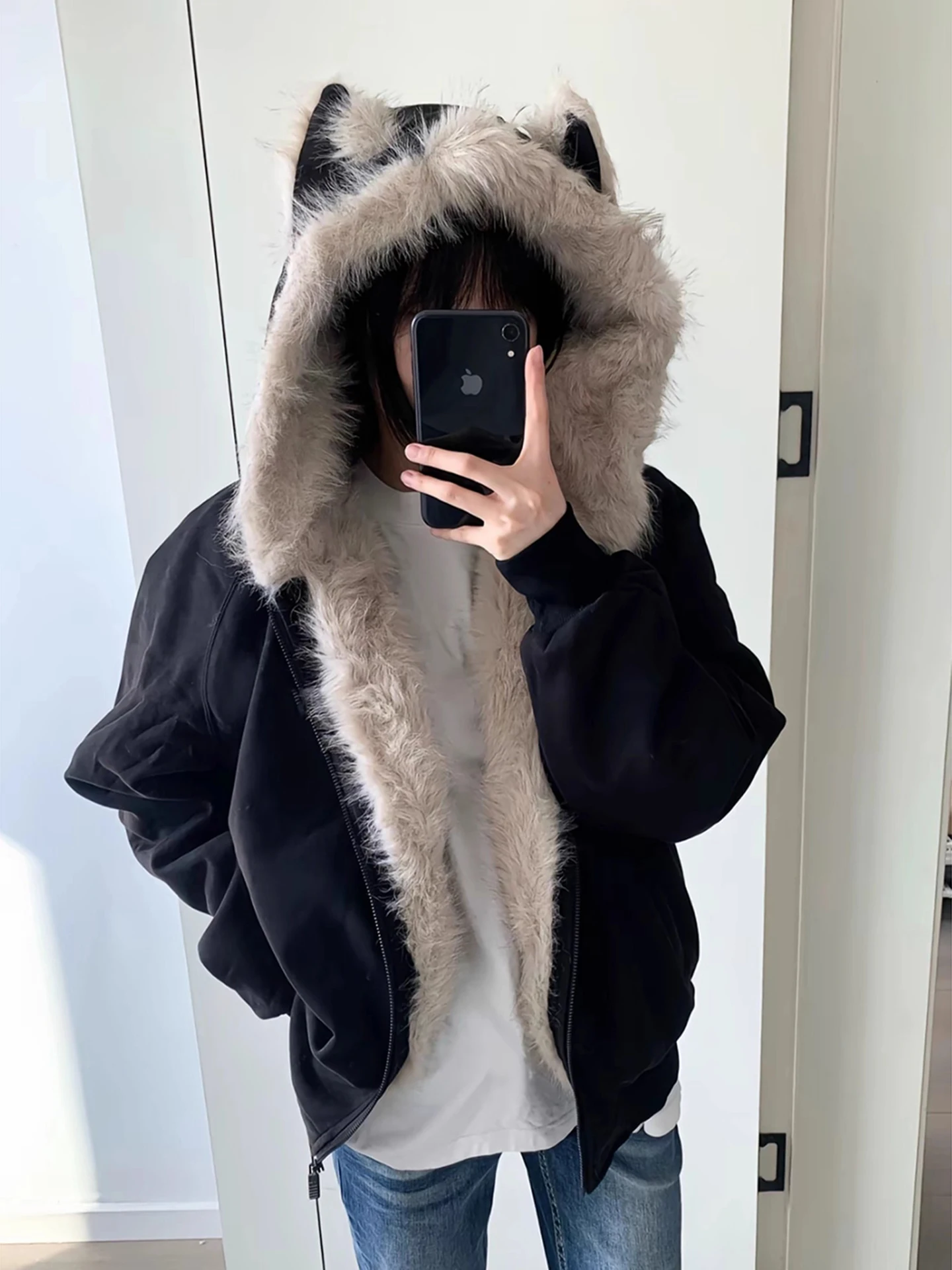 

Bla Owl Thiened Winter Coat Ear Cotton Jaet ort Sle ex Warmth Polyester Fiber Hooded Zipper Closure Pure Color