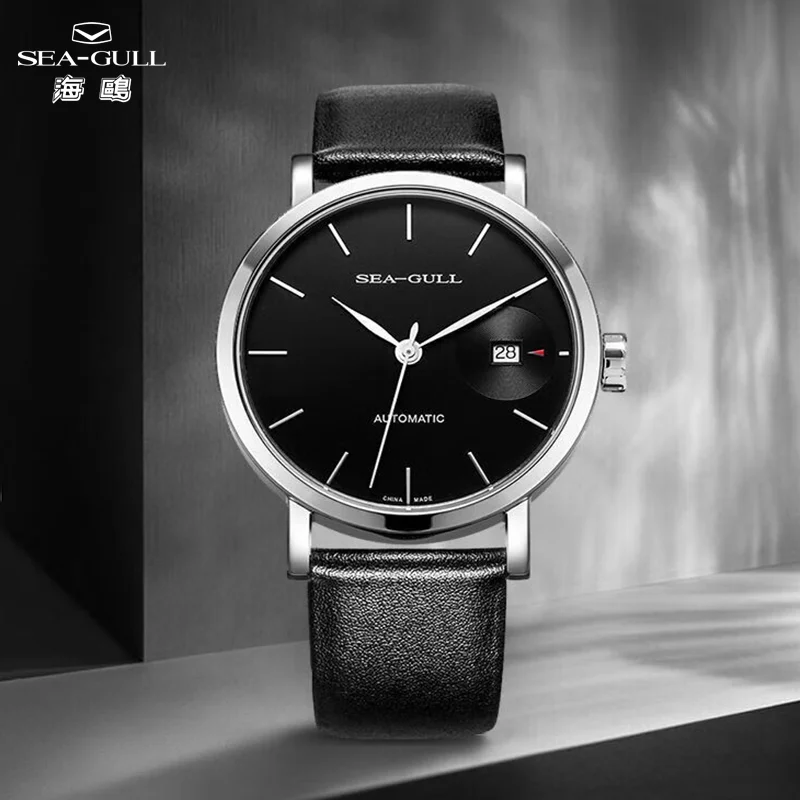 

Seagull Minimalist Black Men's Automatic Mechanical Watch ST2130 Sapphire 40MM Watches Calendar Leather Strap Wristwatch 5024