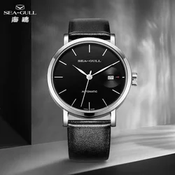 Seagull Minimalist Black Men's Automatic Mechanical Watch ST2130 Sapphire 40MM Watches Calendar Leather Strap Wristwatch 5024