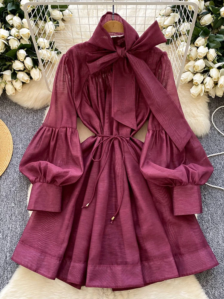 

Spring Autumn Retro Lantern Sleeve Mini Dress women New Waist Collection Style Birthday Party Long Sleeve Mini Dress C198