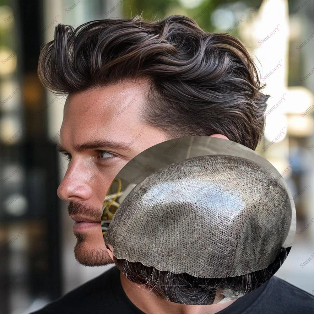 80% Gray Human Hair Straight/30mm Wavy Men's Hair Replacement System Durable 0.1mm-0.12mm PU Natural Hairline Toupee Prosthesis