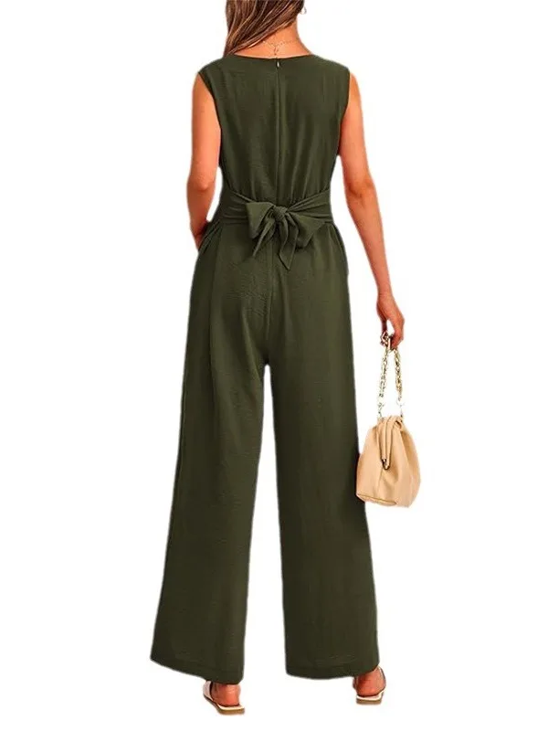 

Ladies Casual V-Ne Svel Pleated Wrap Waist Loose Wide Leg Jumpsuit Long Pants Spring Summer Street Sle High Waist