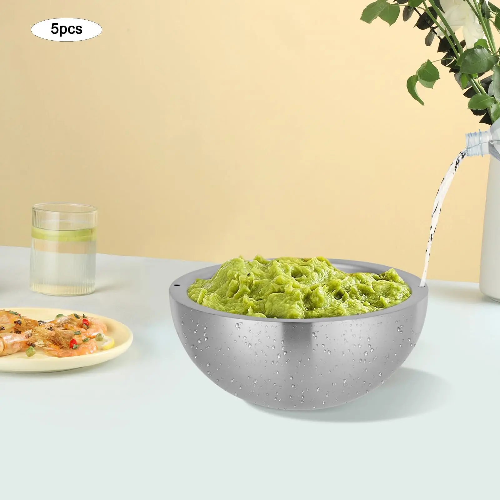 5Pcs Stainless Steel Mixing Bowls Set, 1L/33.8OZ Insulated Salad Bowl with 2 Water Injection Holes(Hot & Ice Water), Small Metal