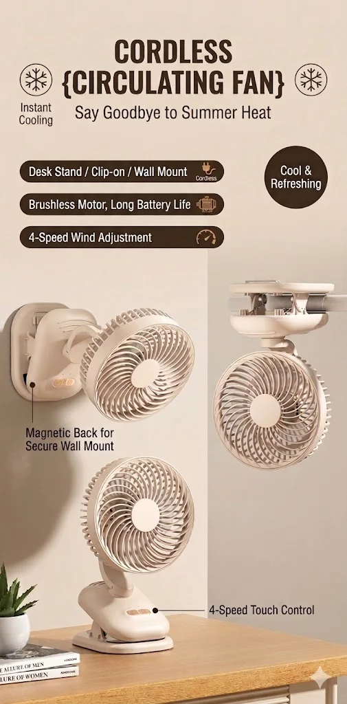 Clip-Ventilator, Kinderwagen-Ventilator, 1800mAh wiederaufladbarer tragbarer Ventilator mit 4 Geschwindigkeiten, 120° ° Automatisch oszillierender Tischventilator – Detail 4