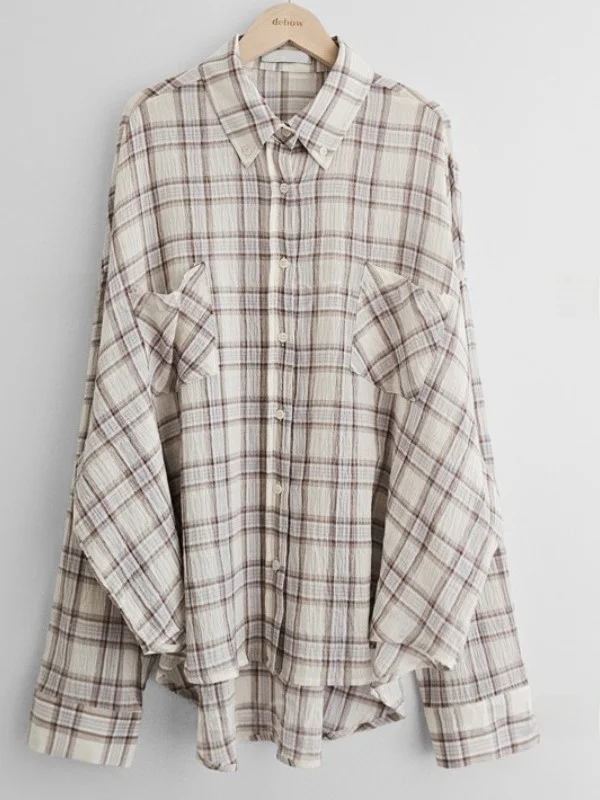Chic Retro Plaid Color Blo Casual Summer New Loose Lazy Sle Women's Sun Protection irt Loose Fit Comfortable Top