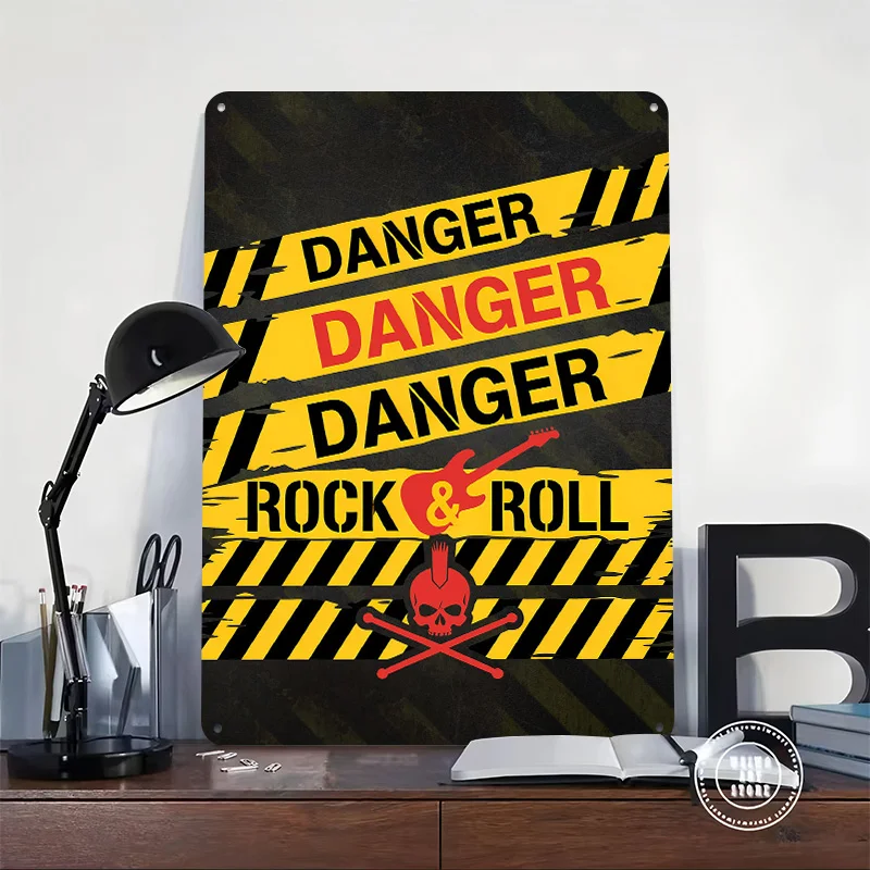 Danger Rock & Roll Zone Warning Printed Poster Customized Retro Wall Art Vintage Metal Tin Signs for Home Office Decoration Room