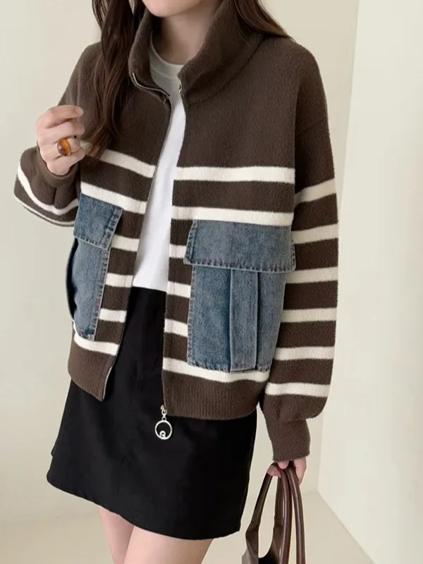 الكورية مخطط الوقوف طوق المرقعة الدنيم ثي الدافئة المرأة سترة Jaet الشتاء Faion تصميم أعلى ل 8-24 سنة #4