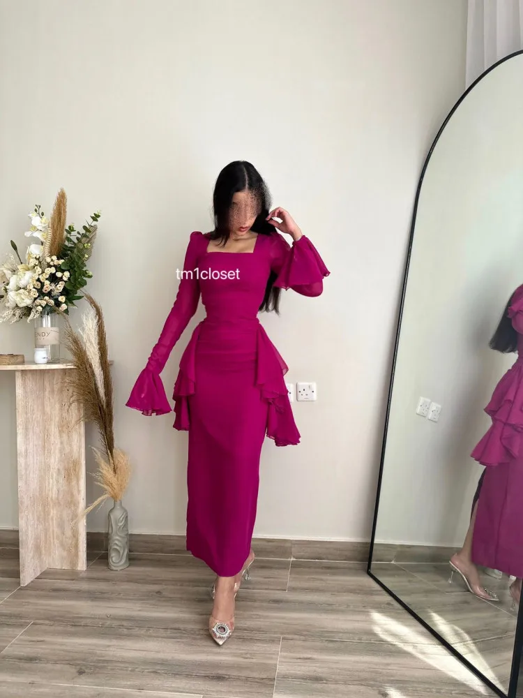 

Fuchsia Chiffon Long Sleeves Prom Dresses Square Neck Ankle Length Saudi Arabia Women's Formal Occasion Dress Evening Dress