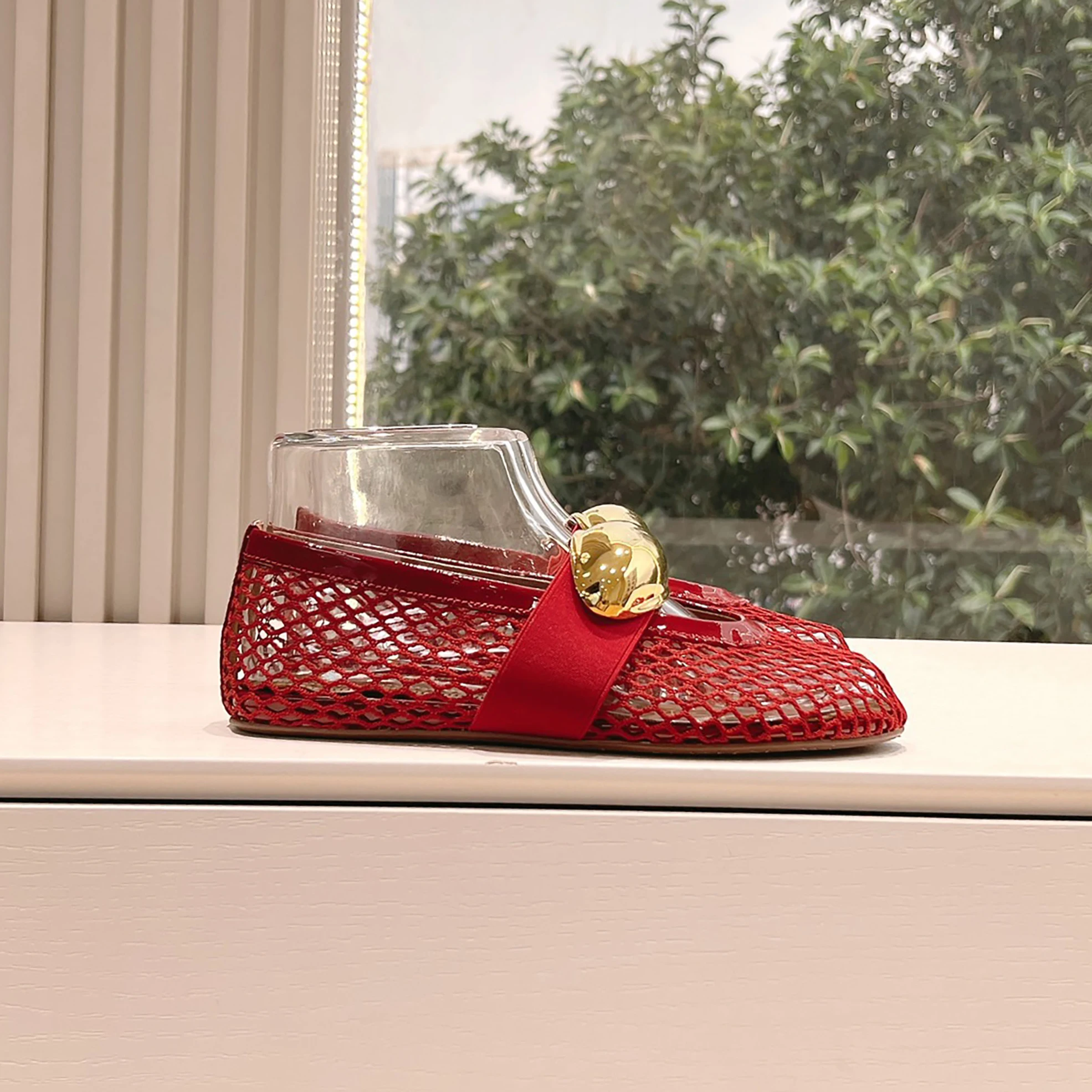 

2026 summer French breathable fishing net flat Mary Jane shoes ballet shoes genuine leather single shoes