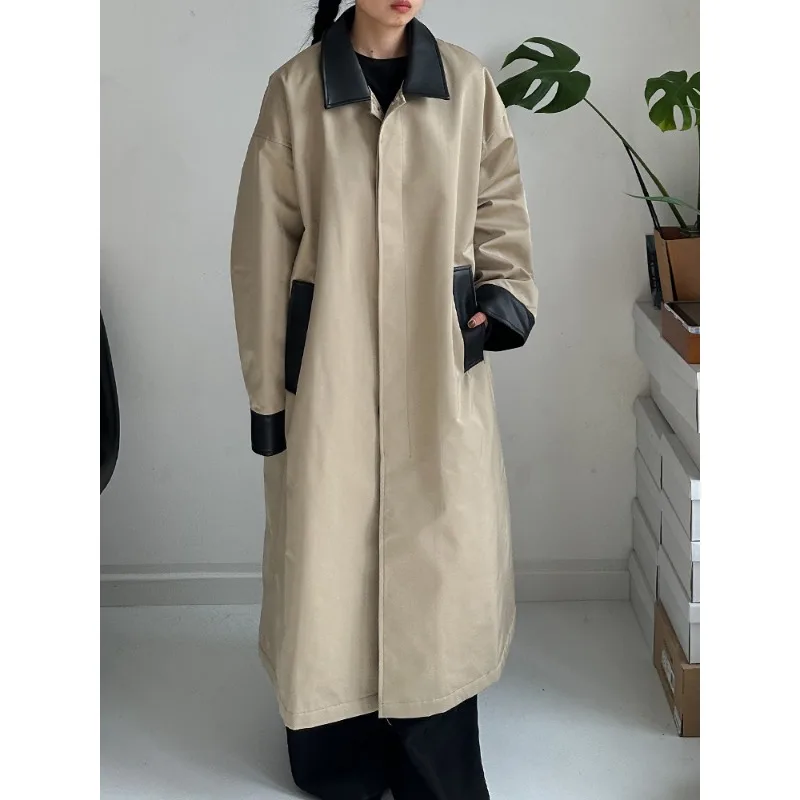 

SuperAen Korean Style Long Cotton-padded Trench Coat for Women Winter New Loose Waist Thick Leather Lapel Collar Casual Overcoat